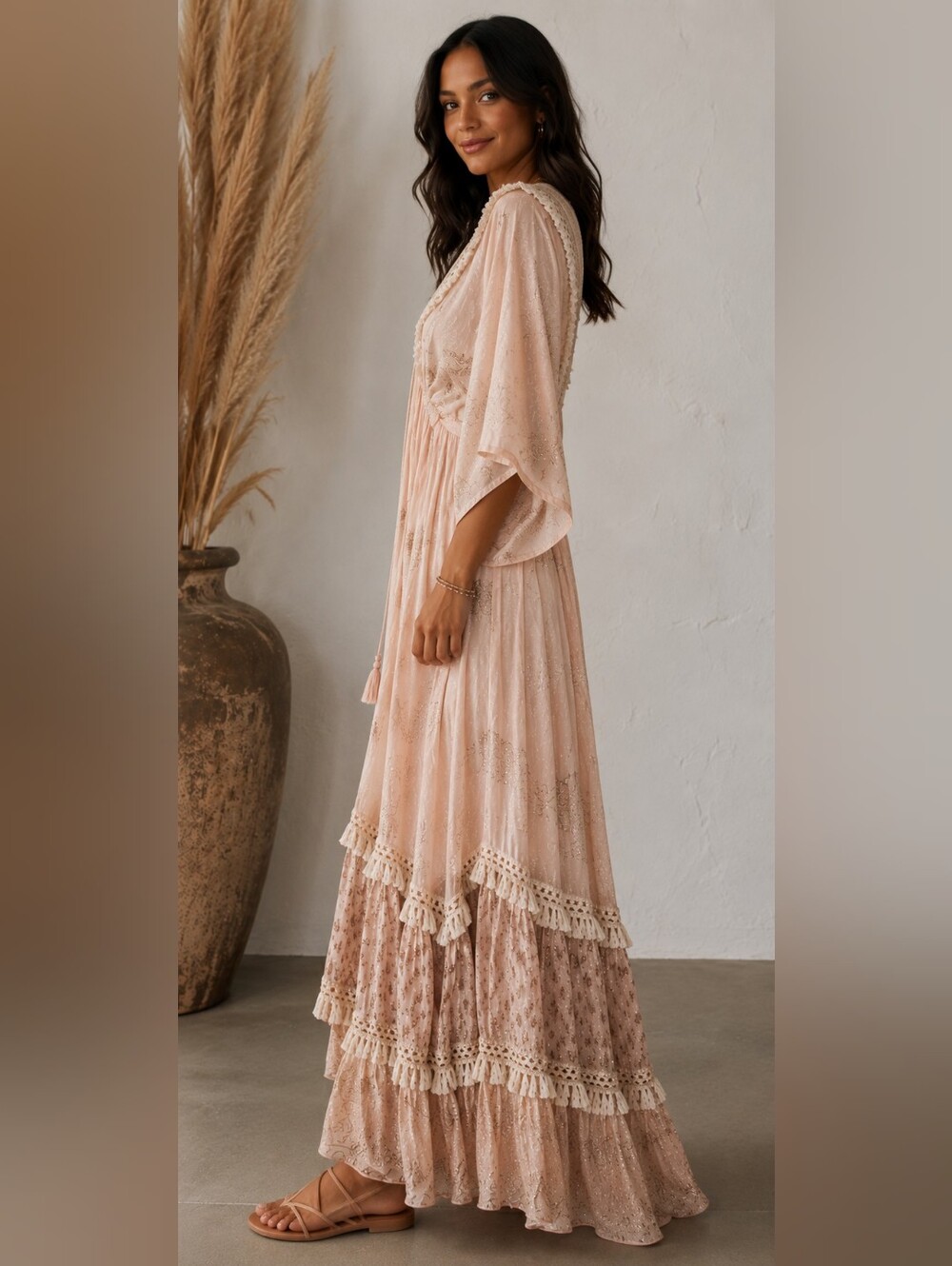 NWOT Zury Boho Paisley Maxi Dress Pink Metallic Lurex Tassel Free Size - Picture 5 of 12